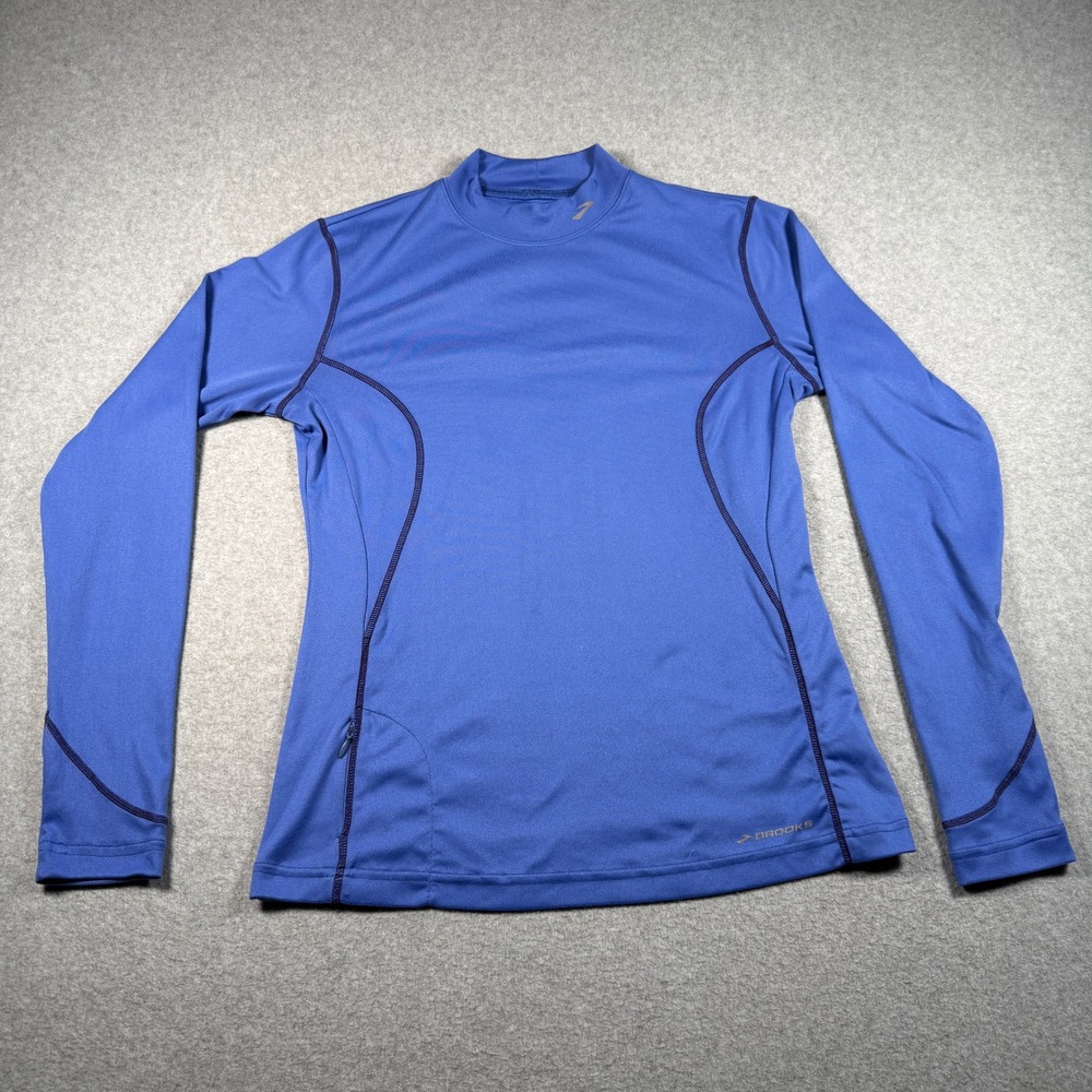 Brooks Womens Long Sleeve Running Shirt Blue Mock Neck Zipper Pocket Size Large